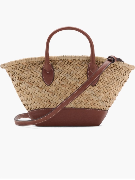 Mango Handbags - Woven Straw Tote with Brown Leather Trim